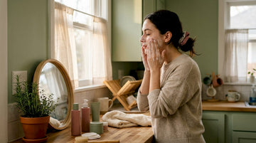 Woman applying cleanser at vanity table in morning light