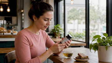 Woman examining hormone supplement bottle at table