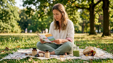 Woman reviewing women's health supplements at kitchen table