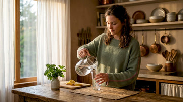 Woman drinking water in kitchen morning light.