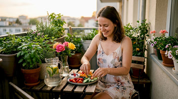 Woman preparing balanced healthy snack in kitchen