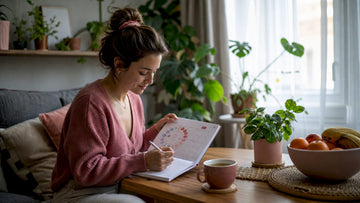 Woman tracking menstrual cycle at kitchen table