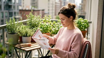 Woman reading thyroid health pamphlet at table
