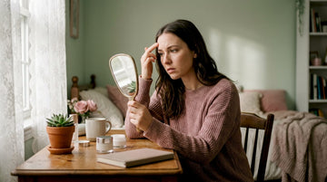Woman examining skin at vanity with skincare products