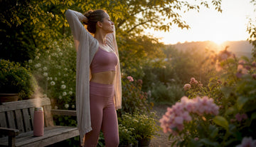 Woman stretching on balcony at sunrise for hormone health