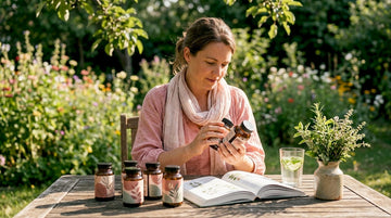 Woman examining herbal supplements at kitchen table