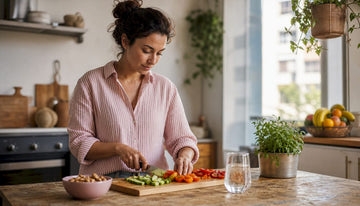Woman preparing hormone-friendly meal in kitchen