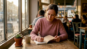 Woman tracking PMS symptoms at home table