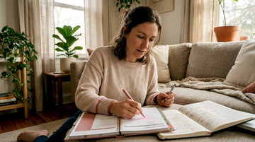 Woman tracking menstrual cycle at kitchen table