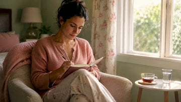 Woman logging hormonal symptoms at home table