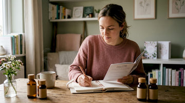 Woman reading about natural PMS supplements at kitchen table
