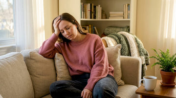 Tired woman sitting at home kitchen table