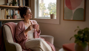 Woman quietly reflecting on mood swings in living room