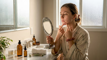 Woman examining hormonal acne in mirror