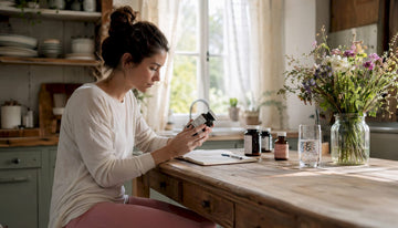 Woman reviewing natural hormone supplements