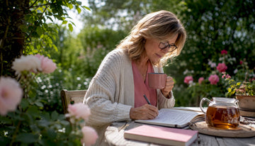 Woman studying hormonal health notes at table