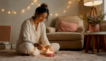 Woman lighting candle in peaceful bedroom evening routine