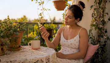Woman reading vulvar wash label at home