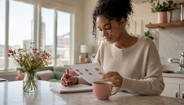 Woman studying blood type biology at home desk