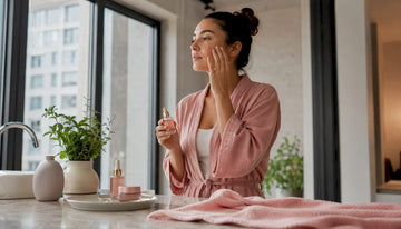 Woman applying skincare in sunlit bathroom vanity