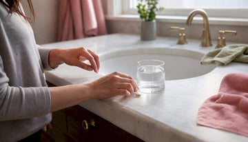 Hands holding vitamin B capsule and glass of water