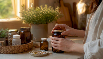 Hands accessing natural supplement jars on a shelf