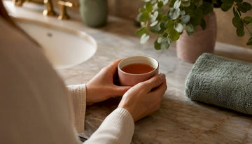 Hands holding herbal tea cup in bathroom