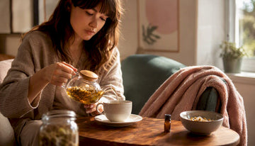 Woman pouring herbal tea in gentle morning light