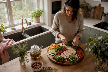 Hands preparing whole-food meal on plate