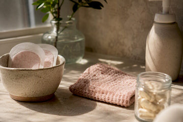 Natural period care items on bathroom counter