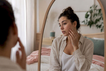 Woman gently touching jawline skin