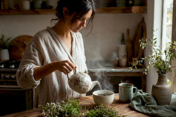 Hands pouring herbal tea at home kitchen