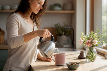 Hands pouring hot water into tea mug