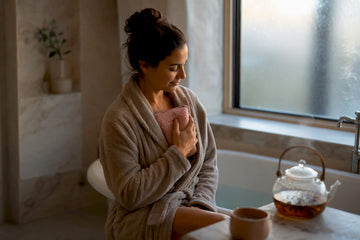 Woman soothing breast with warm compress
