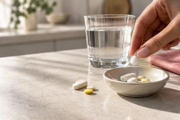 Anonymous calcium and B6 tablets beside water