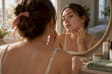 Woman examining jawline acne in mirror