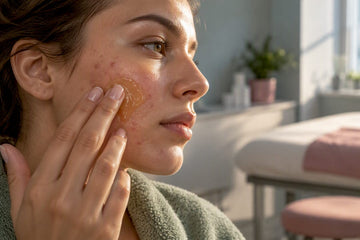 Woman applying turmeric gel to acne-prone skin