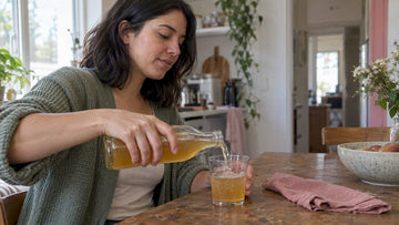 Woman pouring kombucha into a glass