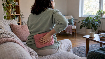 Woman applying heat pack for back pain