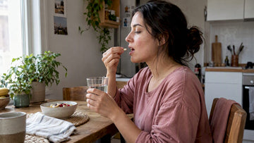 Woman taking a capsule with water