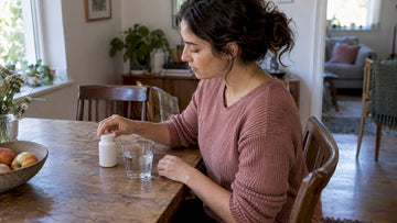 Woman setting down an enzyme supplement bottle