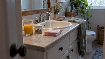 Different cleansing options on a bathroom vanity