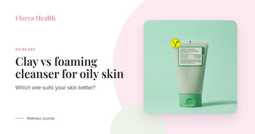 Clay vs foaming cleanser, with a tube of Florva Green Tomato Clay Facial Cleanser