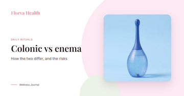 Colonic vs enema, with a Florva reusable silicone enema bulb standing on a blue background