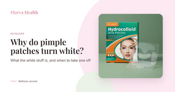 Why do pimple patches turn white? A box of Florva tea tree hydrocolloid pimple patches with a sheet of clear patches