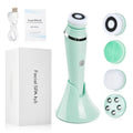 Mint green facial cleansing brush with attachments and packaging on a white background