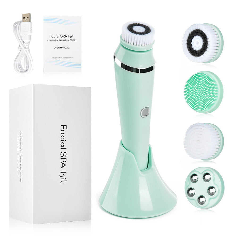 Mint green facial cleansing brush with attachments and packaging on a white background