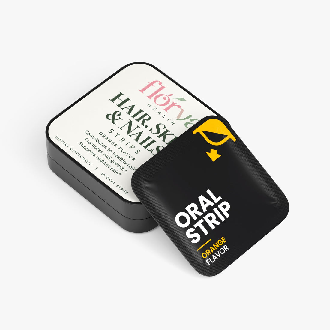 A square white supplement box with rounded corners and a black border, featuring the brand name 'flórva HEALTH' and the product name 'HAIR, SKIN & NAILS STRIPS' in dark green text, with 'ORANGE FLAVOR' below. The box is photographed on a clean, light gray background.