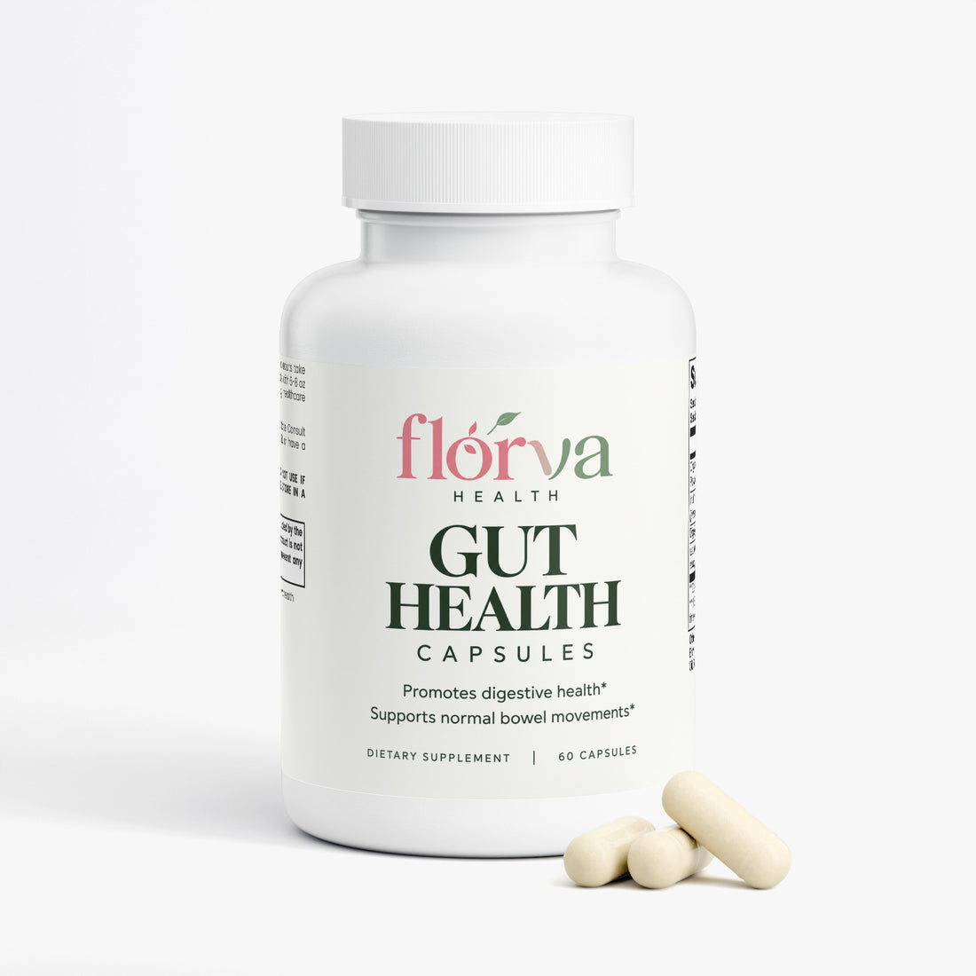 A white bottle of flórva Health Gut Health Capsules, featuring a clean white label with green and pink branding, set against a light gray background.