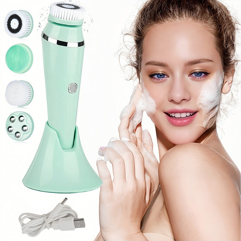 Woman applying facial mask with a green skincare device and attachments on a white background